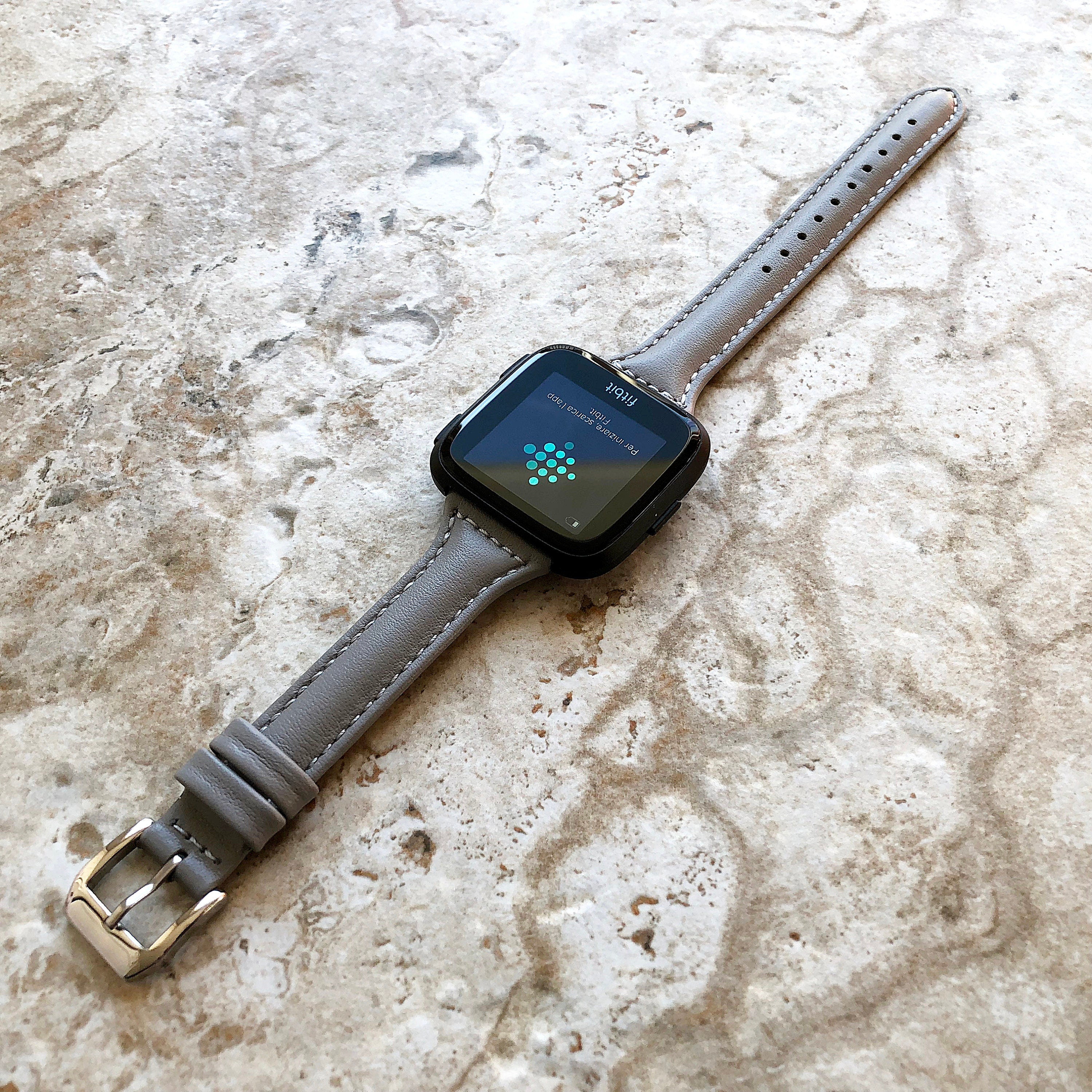 Fitbit Versa Lite 2 3 4 Sense 2 Band Gray Slim Elegant Leather Strap with Stitching Details and Quick Release Pins Adapters Silver Rose Gold